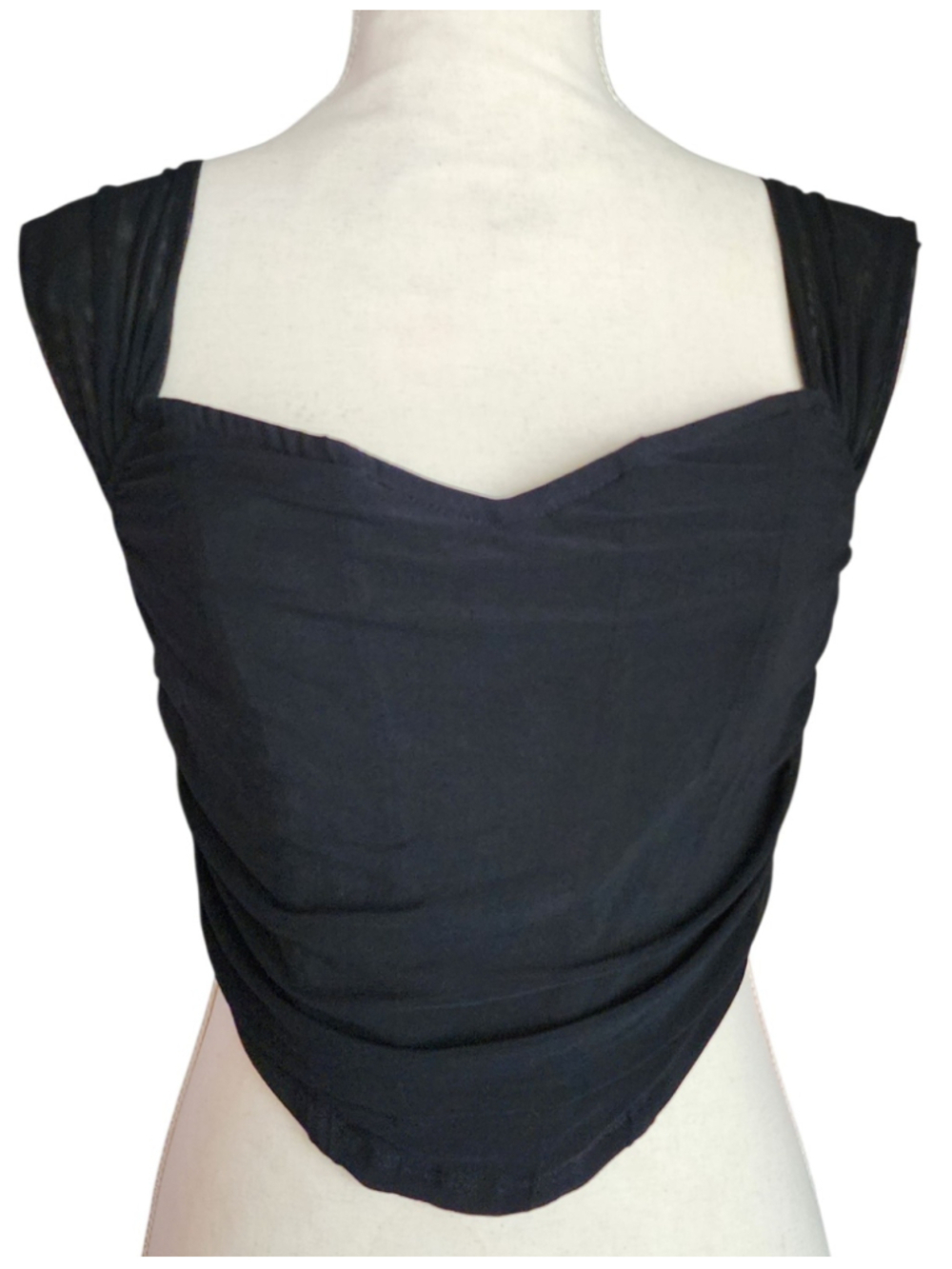 Black Ruched Boned Bustier Corset Crop Top Blouse M Back Zipper Y2K Party